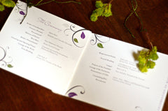 Purple and Green Rustic Fall Leaves 2 page Livret Booklet Wedding Program with Cream Satin Ribbon