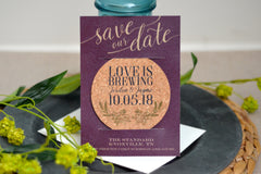 Love is Brewing Cork Coaster Save the Date Barley and Hops Wreath // Burgundy, Navy, and Gold  Brewery Wedding Save the Date // BP1