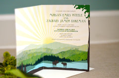 Appalachian Green Mountains with Kissing Moose Greeting Card Wedding Invitations (A7 Broad fold) Mountain Wedding Invite