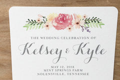 Spring Wedding Watercolor Floral Gray and Pink Flat Wedding Programs 2-sided with Wedding Day Timeline