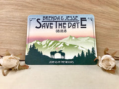 Kissing Moose Oregon Mountains at Sunset Rustic Save the Date Postcard // Rustic Oregon Mountain Wedding Save the Date Vintage Postcard