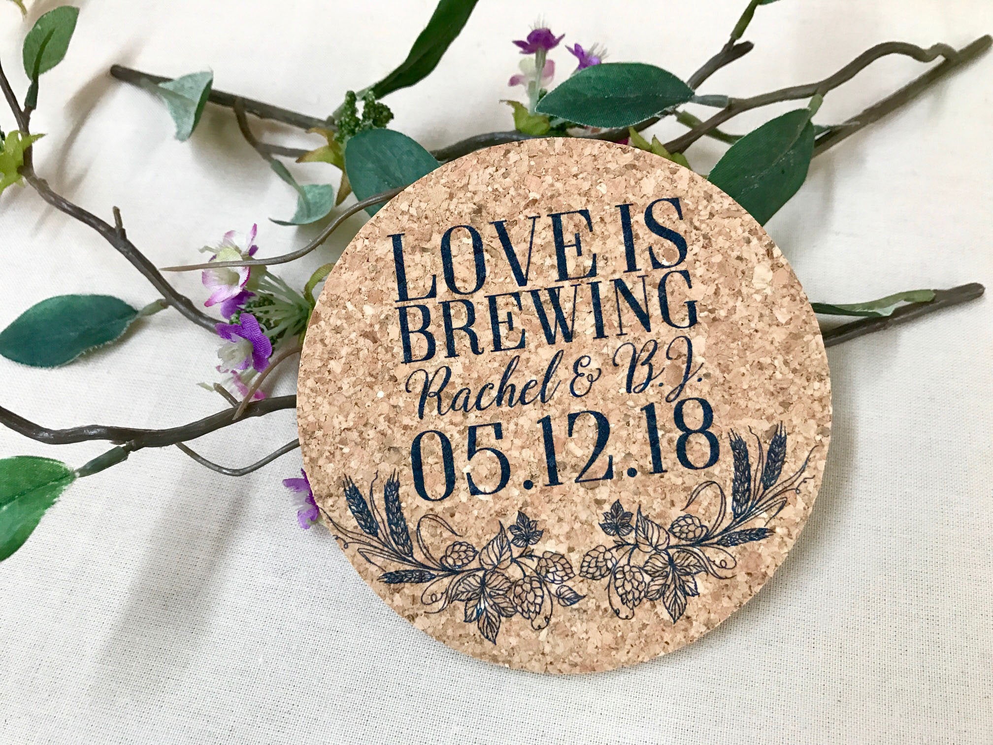 Love is Brewing Barley and Hops Wreath Cork Coaster Wedding Favors