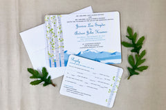 Rocky Mountains Colorado with Birch Trees and Dancing Couple 5x7 Wedding Invitation with Mad Lib RSVP Postcard