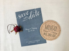 Love is Brewing Gray and White Cork Coaster Save the Date with A7 Envelope // Brewery Wedding Cork Coaster Save the Date