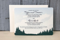 Rustic Evergreen Trees Mountain 5x7 Wedding Rehearsal Dinner and Breakfast Invitations with A7 Envelopes