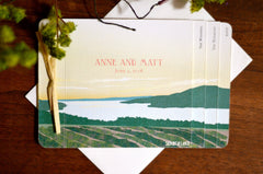 Seneca Lake Vineyard 4 Page Livret Booklet Wedding Invitation with attached Postcard RSVP