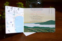 Seneca Lake Vineyard 4 Page Livret Booklet Wedding Invitation with attached Postcard RSVP