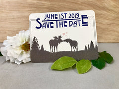 Rustic Kissing Moose Craftsman Save the Date Postcard // Maine Wedding Save the Date
