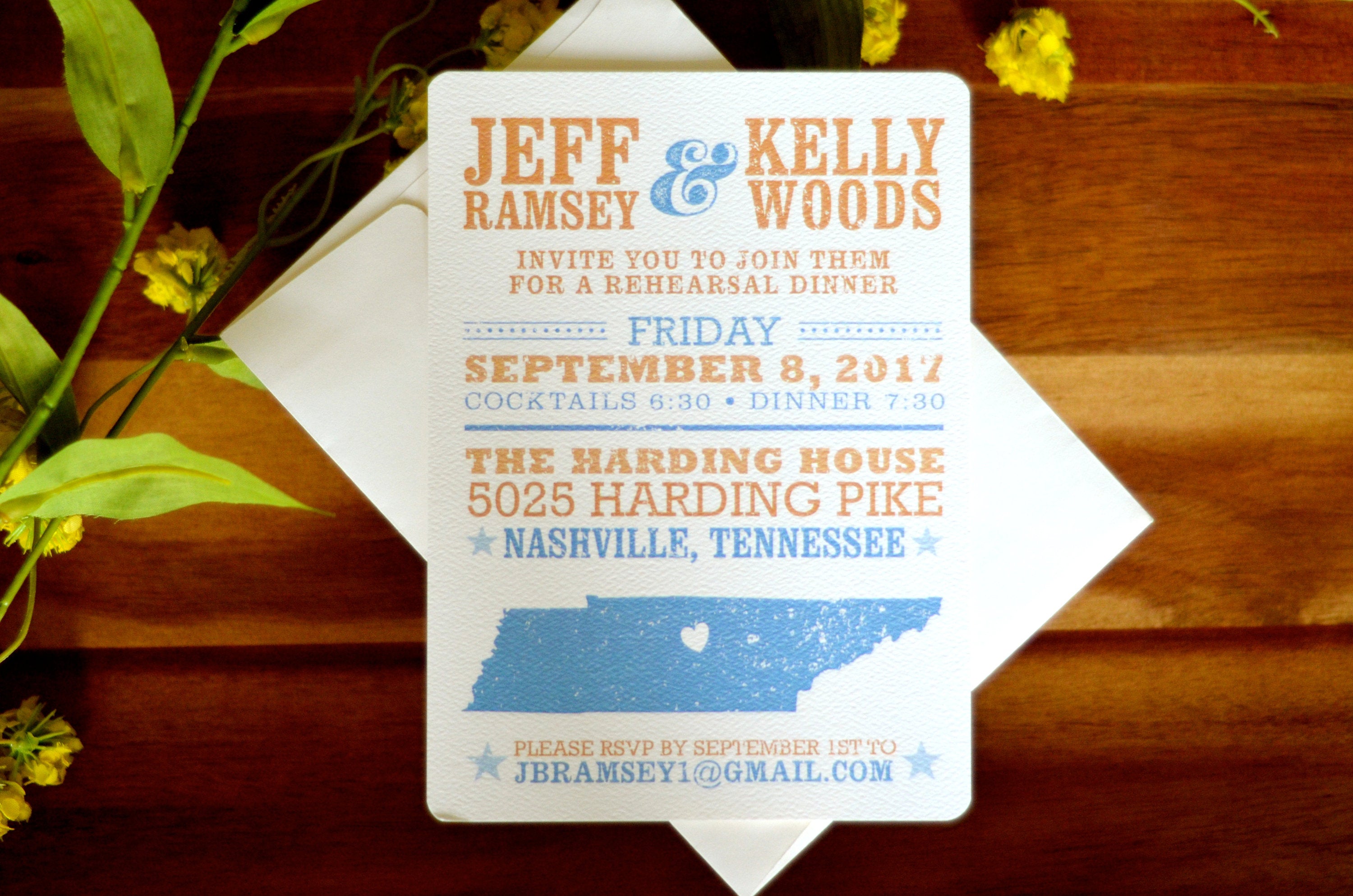 Vintage Dusty Blue and Gold Nashville Tennessee Hatch Show Inspired 5x7 Wedding Invitation with Envelope // Tennessee State Outline - BP1