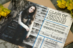 Modern Vintage Block School 5x7 Graduation Announcement and Invitation with Envelope // Modern Photo with Black & Blue // BP1