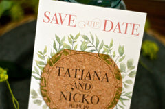 Romantic Modern Bohemian Greenery Wreath with Pink Script on Cork Coaster Save the Date and A7 Envelope