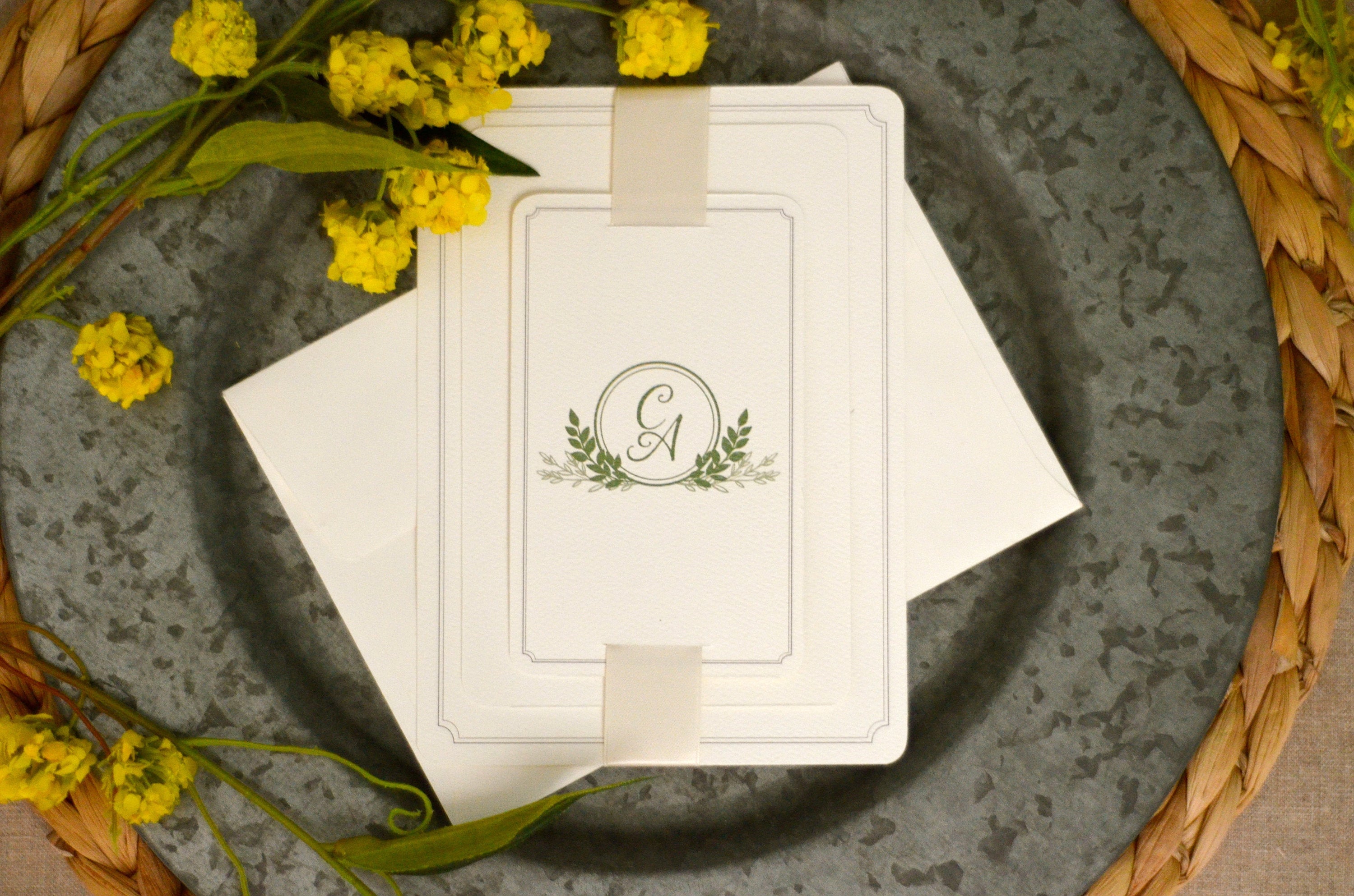 Elegant Greenery Wreath Script Monogram Strata 5x7 Layered Wedding Invitation with RSVP Postcard and Details Card - BP1