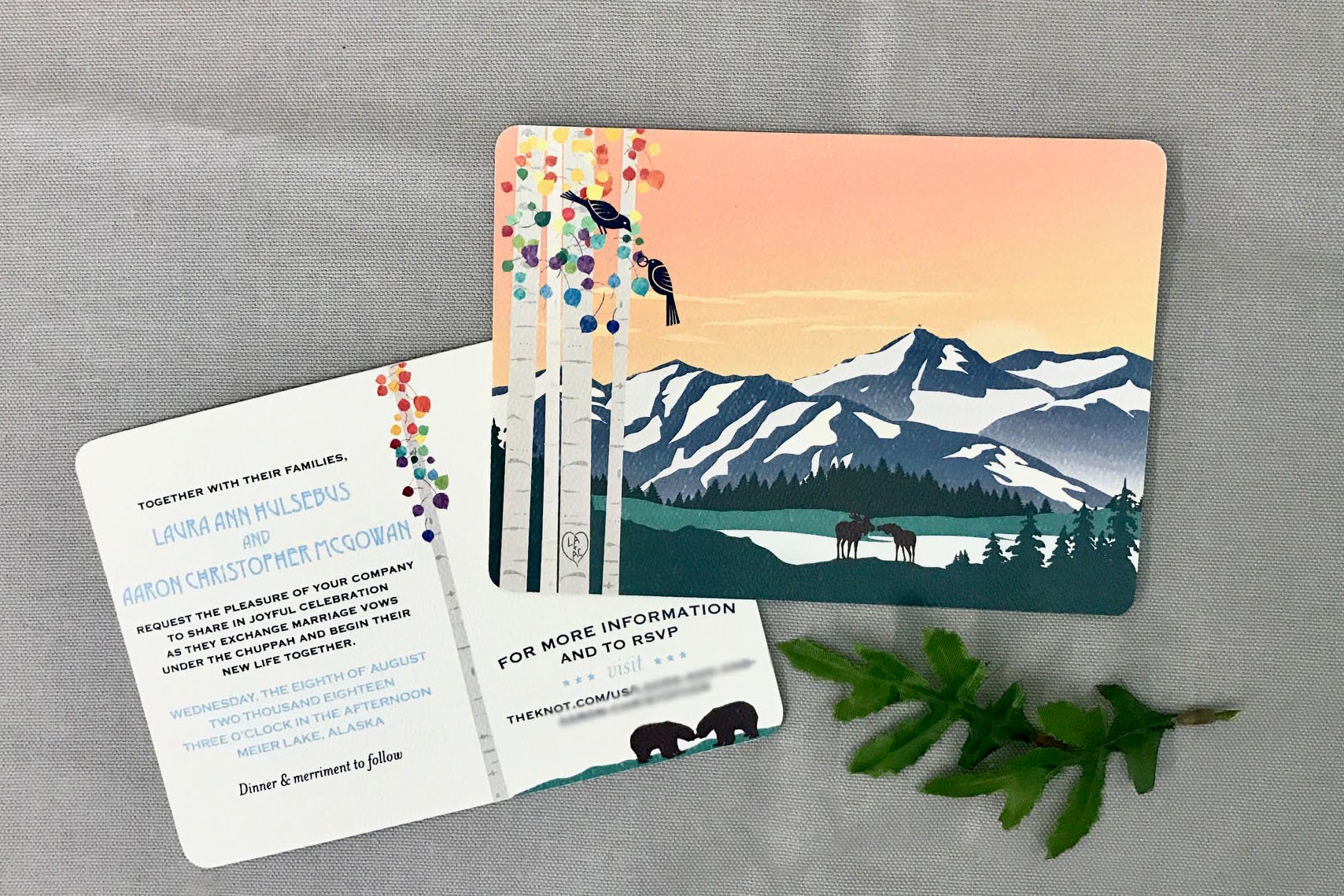 Meier Lake Alaska Mountains at Sunset with Colorful Birch Trees and Kissing Moose 5x7 Wedding Invitation and A7 Envelopes