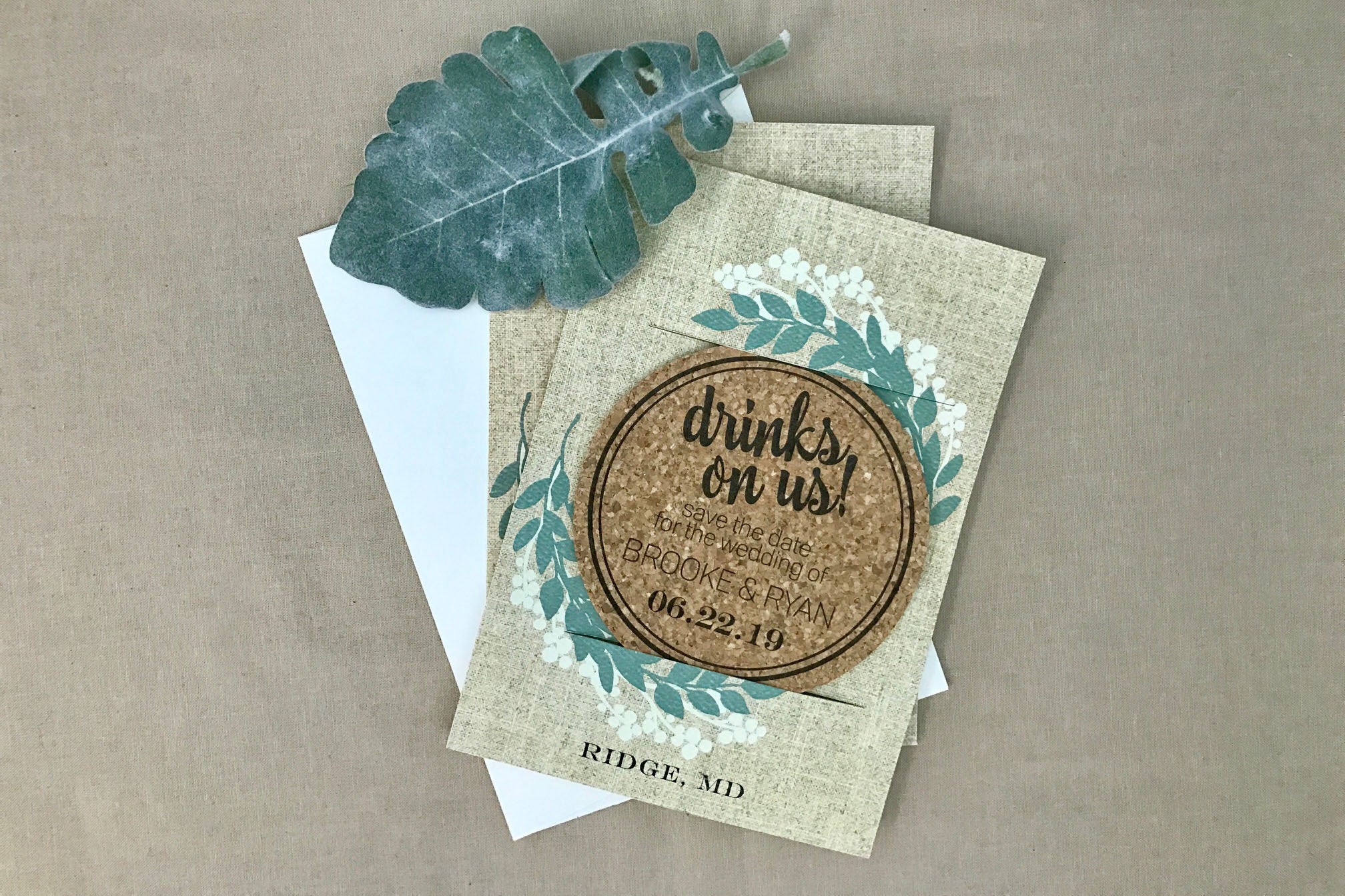 Eucalyptus Greenery Wreath and Linen Drinks on Us Cork Coaster Save the Date with A7 Envelopes