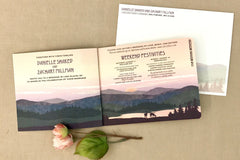 Rustic New York Mountain Wedding Mountains with Deer - 2 Page Livret Booklet Wedding Invitation with attached Postcard RSVP