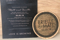 It all Started with a Beer Whiskey Barrel Cork Coaster Wedding Invitation // Black and Rose Gold Brewery Wedding Invite with Cork Coaster