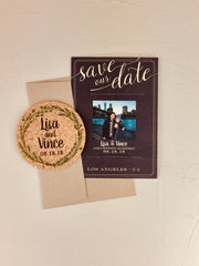 Rustic Greenery Wreath Cork Coaster Save the Date with Brush Script and Photo // A7 Kraft Envelopes