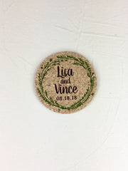Rustic Greenery Wreath Cork Coaster Save the Date with Brush Script and Photo // A7 Kraft Envelopes