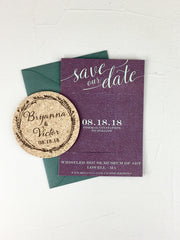 Purple Script Wreath Save the Date Cork Coaster with Seedling Green Envelopes // Purple and Save Wedding Cork Coaster Save the Date
