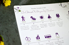 Whimsical Purple and Green Fall Leaves Wedding Day Celebration Timeline and Wedding Weekend Details Card for Guests with Map - BP1