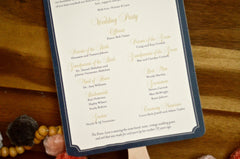 Classic Navy Blue and Gold Ivy Leaf with Circle Initial Wedding Program Fans // Wedding Ceremony Program