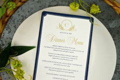 Classic Navy Blue and Gold Ivy Leaf with Circle Initial Wedding Dinner Menu // Reception Menu // Rehearsal Dinner Menu - BP1