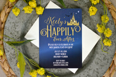 Magical Happily Ever After Bachelorette Party 5x7 Invitation with A7 Envelope // Blue & Gold Magical Castle Bridal Party Invites