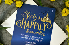 Magical Happily Ever After Bachelorette Party 5x7 Invitation with A7 Envelope // Blue & Gold Magical Castle Bridal Party Invites