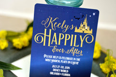 Magical Happily Ever After Bachelorette Party 5x7 Invitation with A7 Envelope // Blue & Gold Magical Castle Bridal Party Invites