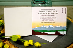 Rustic Craftsman Style Rocky Mountains at Sunset 3 Page Livret Booklet Wedding Invitation with attached Postcard RSVP