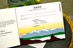 Rustic Craftsman Style Rocky Mountains at Sunset 3 Page Livret Booklet Wedding Invitation with attached Postcard RSVP