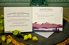 Rustic Craftsman Rocky Mountains Burgundy National Park 3 Page Livret Booklet Wedding Invitation with attached Postcard RSVP