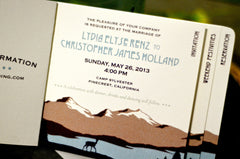 Rustic Craftsman Rocky Mountains Tans and Browns 4 Page Livret Booklet Wedding Invitation with attached Postcard RSVP