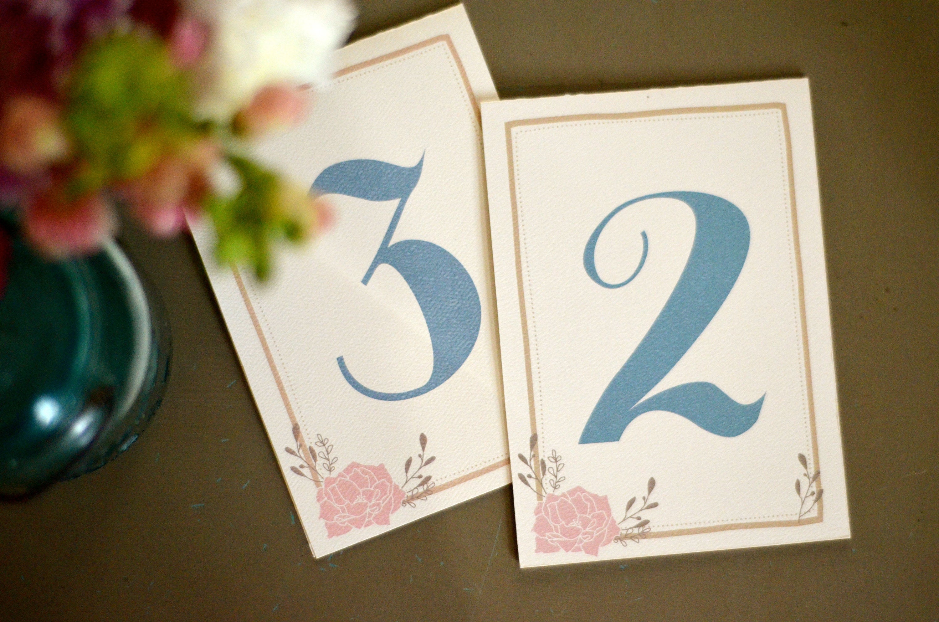 Blue and Pink Framed Rose Floral 5X7 Tented Wedding Table Numbers