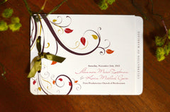 Rustic Fall Leaves 2 page Livret Booklet Wedding Program with Green Satin Ribbon // BP1