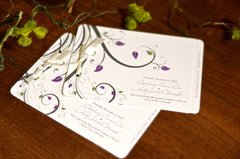 Purple and Green Rustic Fall Leaves 2 page Livret Booklet Wedding Program with Cream Satin Ribbon
