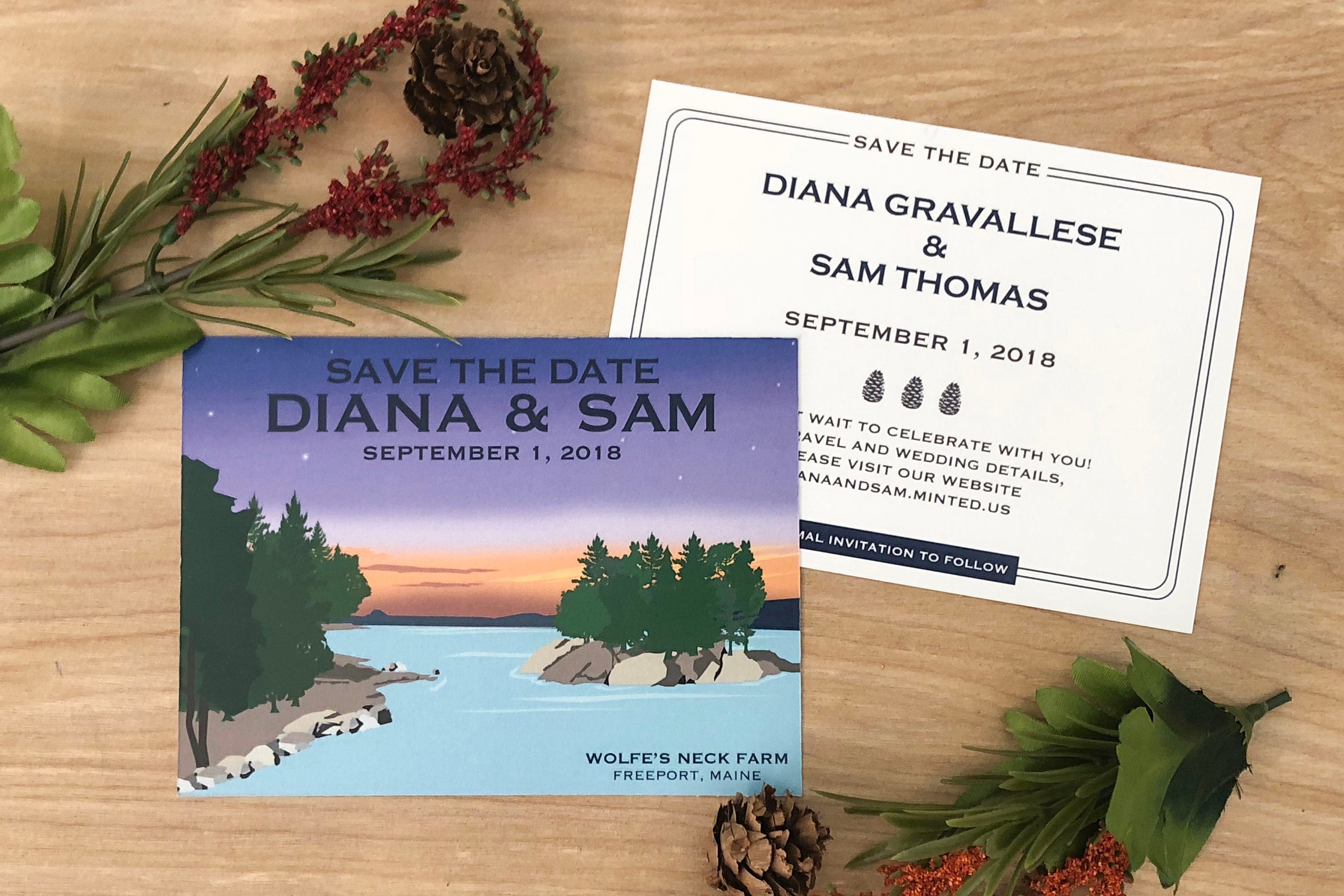 Maine Lake at Sunset Save the Date Notecards // Wolfe&#39;s Neck State Park Lake Wedding Save the Date