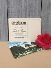 Art Deco Sunset Palm Tree Tallahassee Florida Vintage Save the Date Postcards // Vintage Wedding Postcards