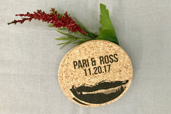 Colorado Rocky Mountains Personalized Cork Coaster Wedding Favors for Guests // Personalized with Names and Wedding Date