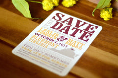 Virginia Hatch Show Inspired Wedding Save the Date Postcards // Yellow,  Burgundy & Gray Circus Poster Theme