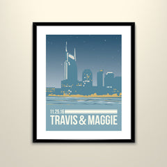 Nashville Skyline Dusty Blue Night Sky 11x14 Poster - Wedding Poster personalized with Names and date (frame not included)