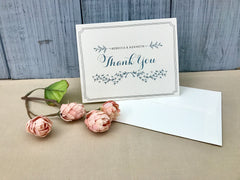 Light Blue and Gray Rustic Floral Wreath Folded Wedding Thank You Cards // Rustic Garden Wedding Thank You Cards