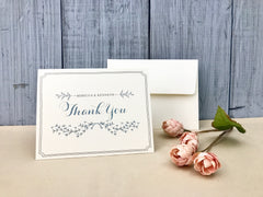 Light Blue and Gray Rustic Floral Wreath Folded Wedding Thank You Cards // Rustic Garden Wedding Thank You Cards