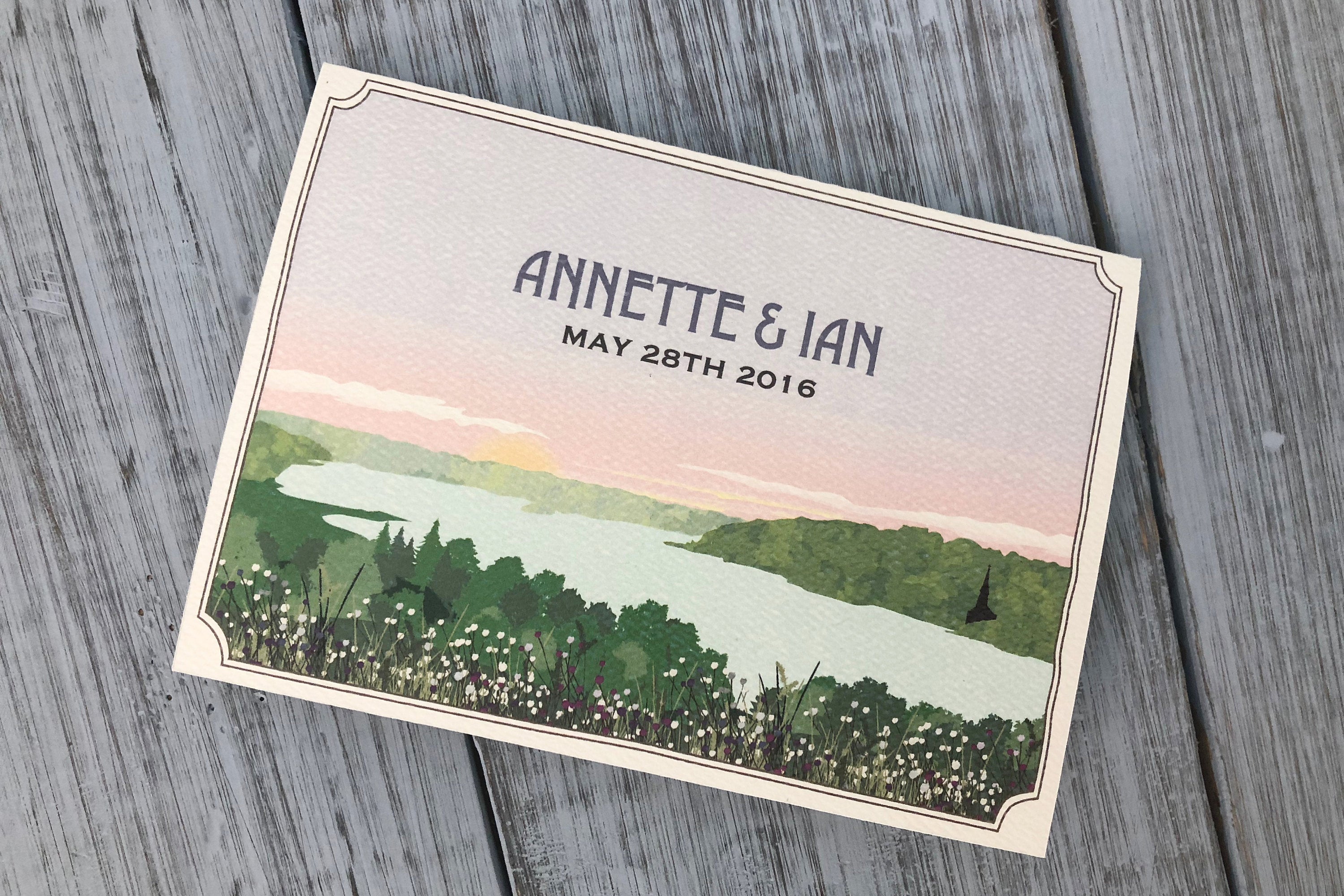 Starved Rock at Sunset Trifold Wedding Invitation / Illinois River and Wildflowers / Rustic Trifold Invitation / Folded Wedding Invitation