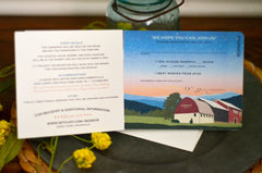 Mountain Vineyard with Red Barn at Sunset / 3 Page Livret Wedding Invitation / Unionville Vineyards / Rustic Barn Wedding Booklet