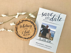 Light Blue and Navy Whimsical Wreath Cork Coaster Save the Dates // Engagement photo modern script drink coaster save the date