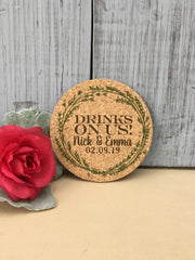 Greenery Cork Coaster Save the Date / Rustic Cork Coaster Save our Date Announcement / Drinks on us Save the Date with Photograph