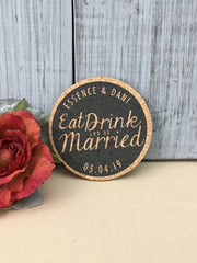 Eat Drink and Be Married Cork Coaster Save the Date / Navy Fall Cork Coaster Save our Date / Save the Date with  Engagement Photograph