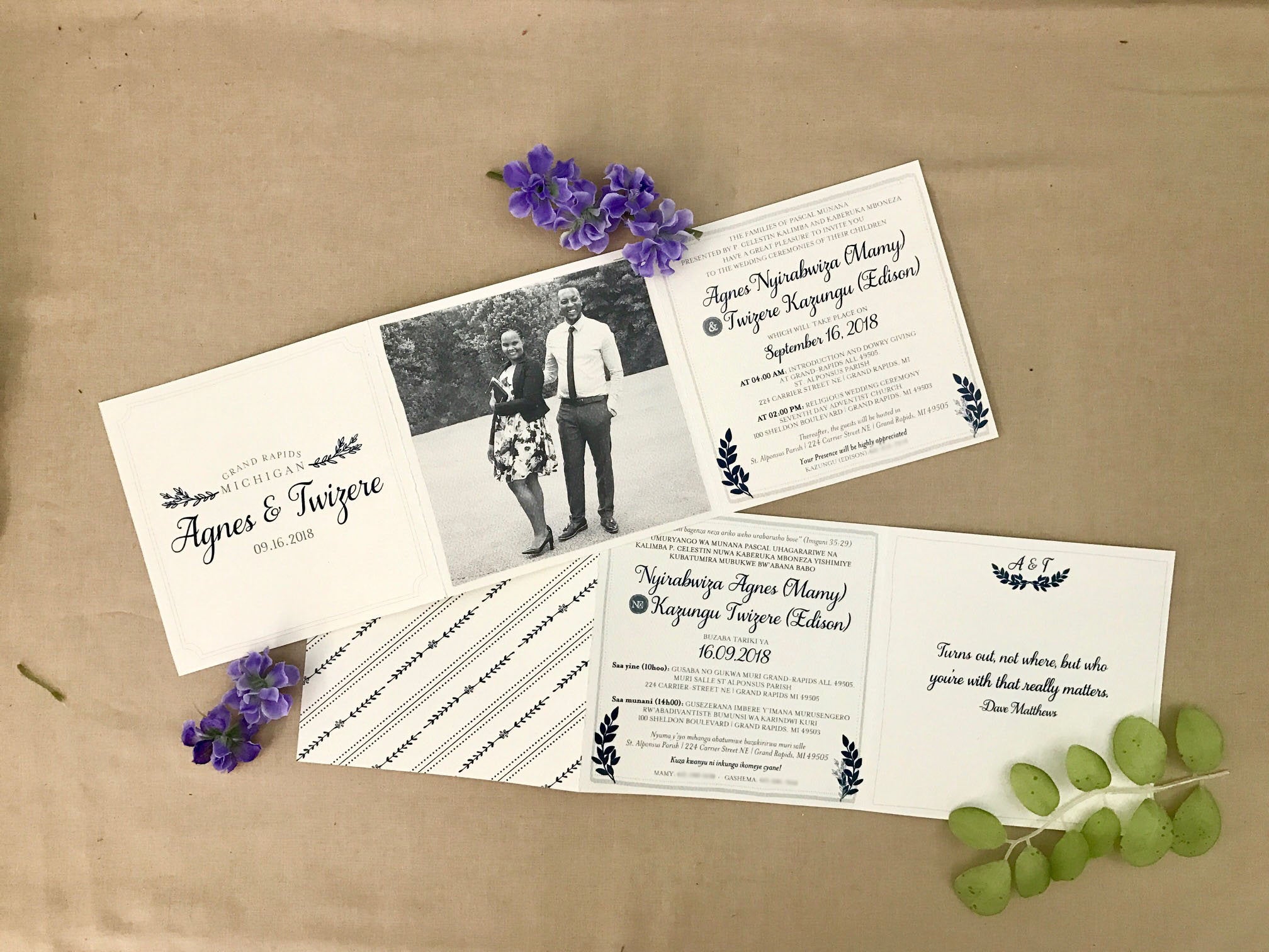 Navy and Gray Bohemian Trifold Wedding Announcement Invitation