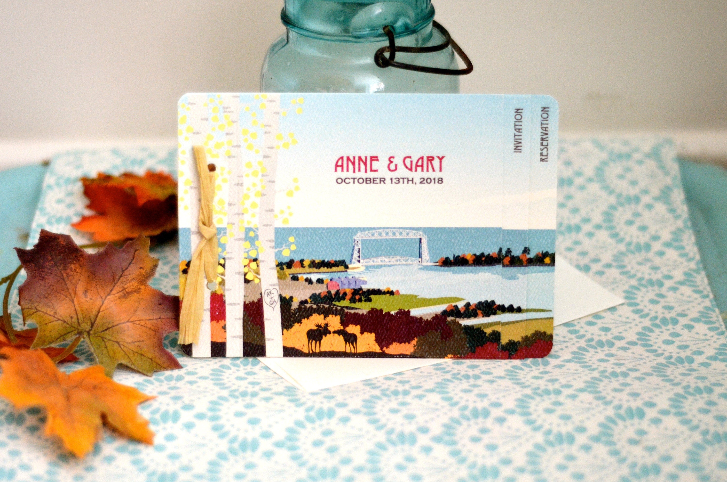 Duluth Minnesota Fall Lake with Birch Trees & Moose 3pg Livret Wedding Invitation Booklet with Attached Postcard RSVP
